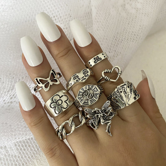 Three Piece Alloy Ring Set Featuring Heart Snake Butterfly Chain Bee Pentagram Shapes Anniversary Birthday Gift