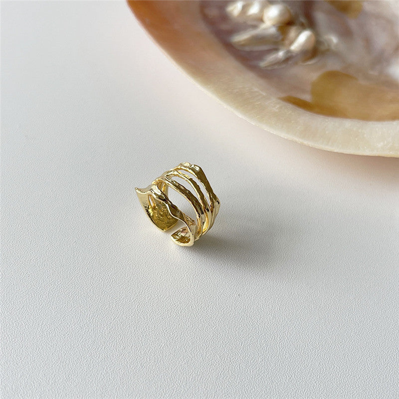 Gold Plated Copper Ring Adjustable Irregular Geometric Design Ring Korean Style Fashion Temperament Open Rings