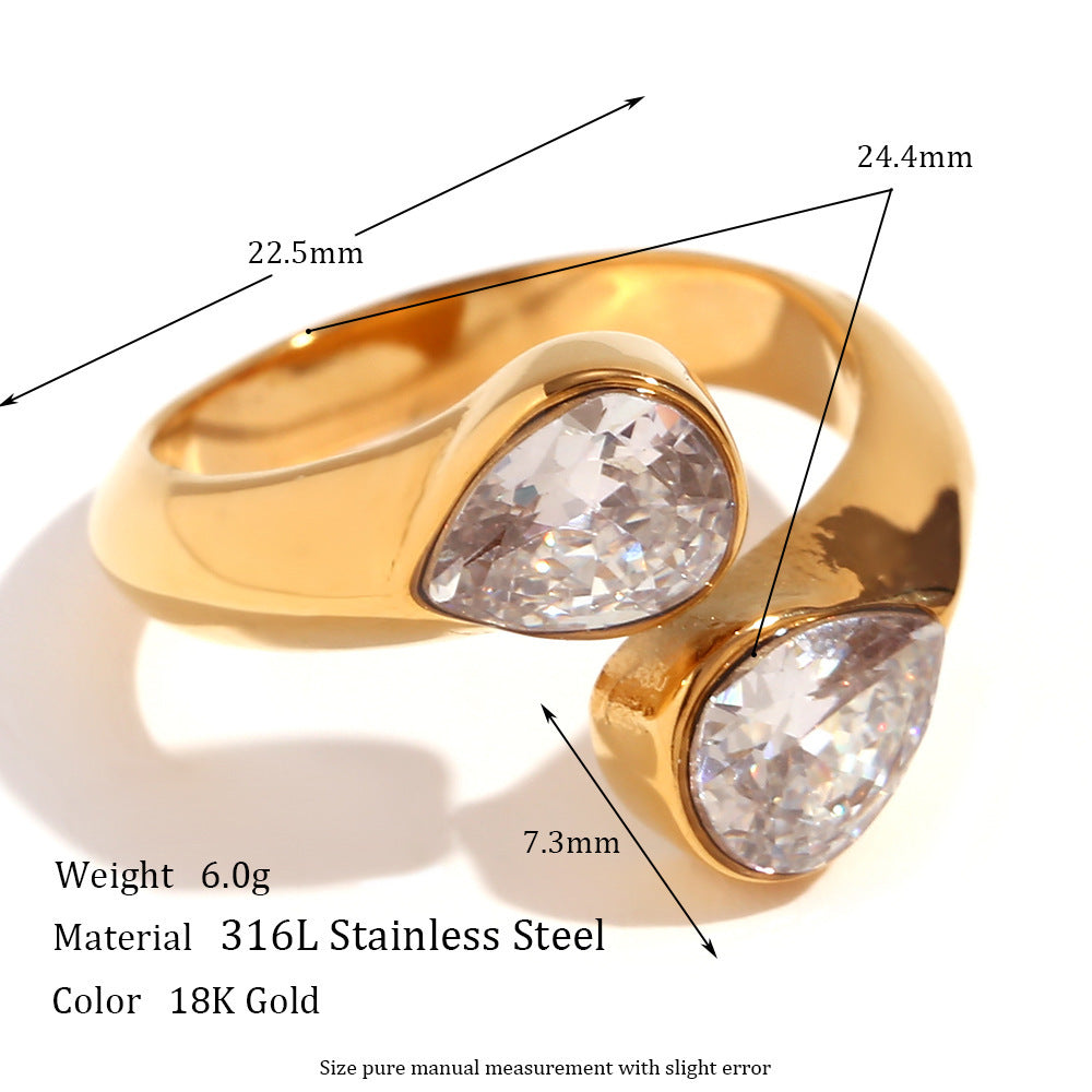 Womens Stainless Steel Ring 18K Gold Plated with Zircon Double Water Drop Design Adjustable Open Ring Fashion Jewelry Gift for Her