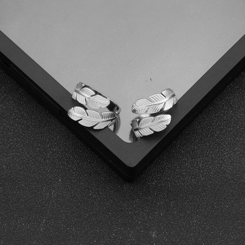 Unisex Stainless Steel Feather Ring Adjustable Open Geometric Wing Wheat Design Jewelry Electroplated Finish Style