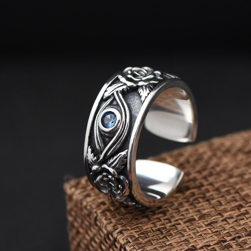 Womens Adjustable Retro Geometric Copper Ring With Zircon Open Vintage Silver European Style Fashion For Everyday Wear