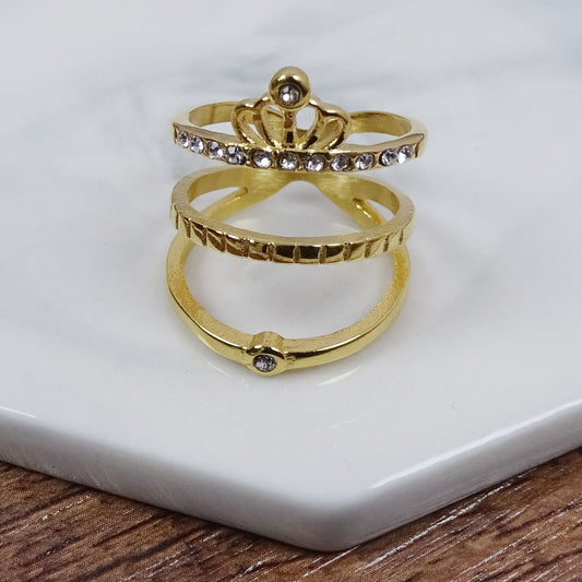 Titanium Steel Diamond Ring Vintage Crown Design Golden Polished Band For Men Gift Fashion Accessory For Him A