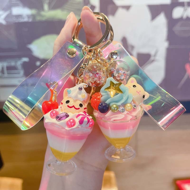 Animal Ice Cream Keychain Resin Doll Shaped Key Chain Metal Accessories Novelty Gift White Rabbit Cat Pendants