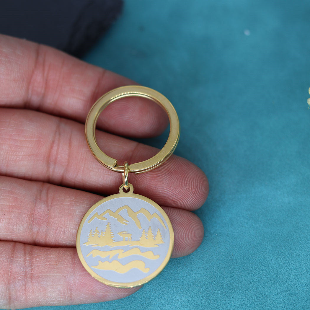 Stainless Steel Mountain Keychain Pendant Carved Design