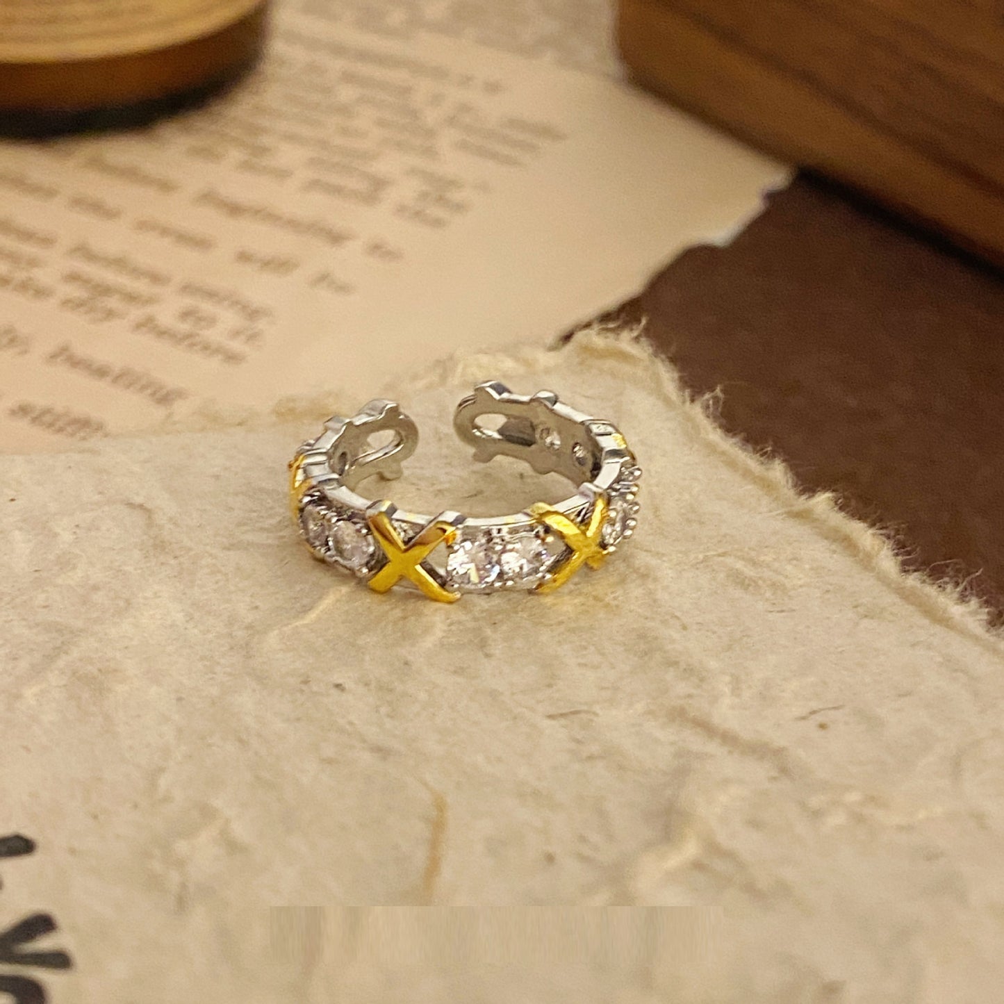 Two Tone Zircon Ring Adjustable Geometric Alloy Ring with Rhinestones for Women Fashion Jewelry SparklingStyle