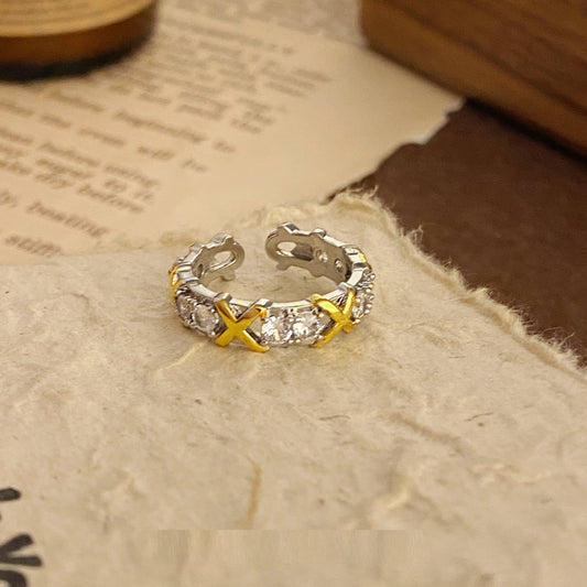 Two Tone Zircon Ring Adjustable Geometric Alloy Ring with Rhinestones for Women Fashion Jewelry SparklingStyle