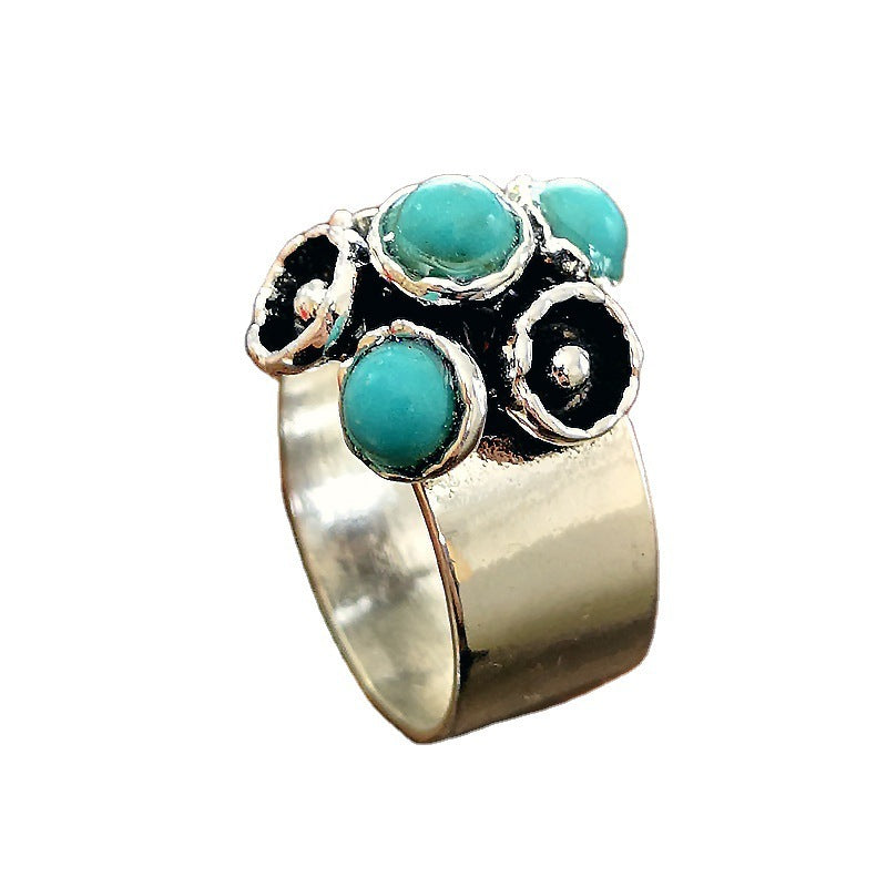 Womens 925 Sterling Silver Rings Vintage Thai Flower Turquoise Gemstone Electroplated Retro Floral Design Gifts