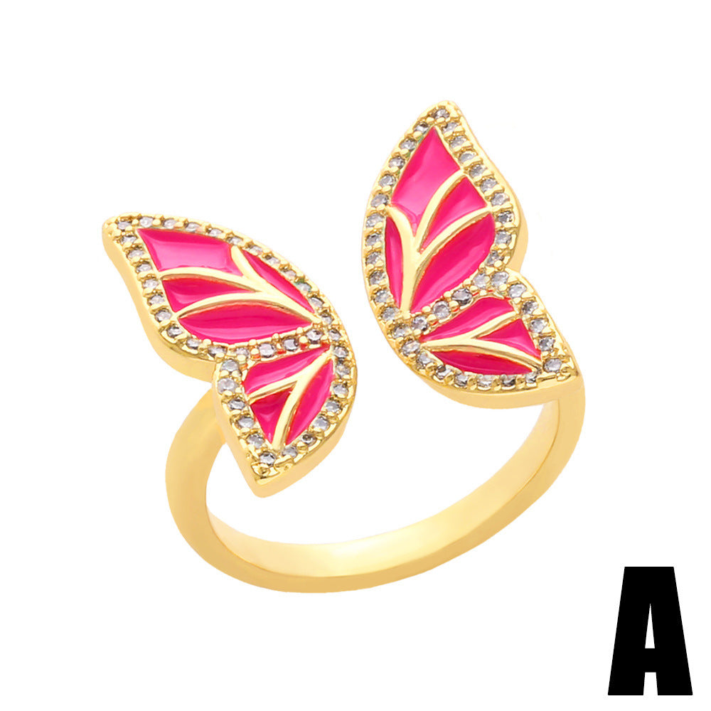 Women's Butterfly Ring Copper Adjustable Zircon Oil Drop Jewelry Elegant Fashion Accessory with Sparkling Zircon