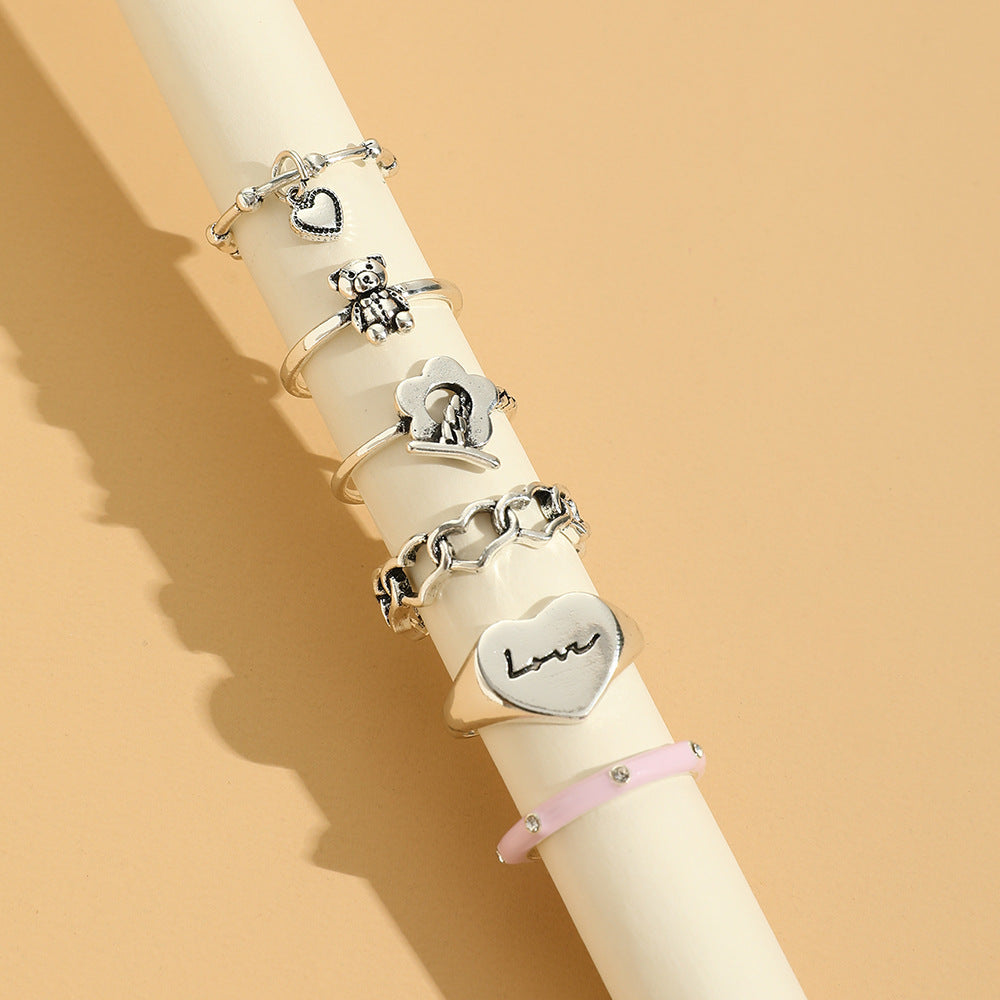 Womens Flower Charm Ring Set 6 Zinc Alloy Love Rings