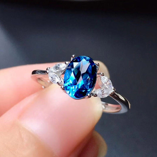 Adjustable Copper Ring With Dark Blue Artificial Sapphire Korean Fashion Geometric Exquisite Design Elegant Fit