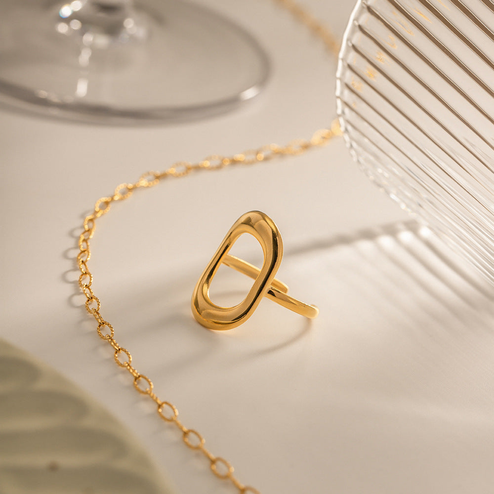 Womens 18K Gold Plated Geometric Rectangle Openwork Ring Stainless Steel Jewelry Modern Elegant Accessory Chic