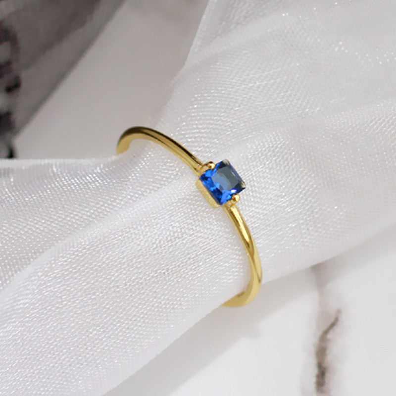 Womens Adjustable Copper Ring With Blue Zircon Gemstone Inlay Square Design Jewelry For Her 3mm Stone Everyday Wear