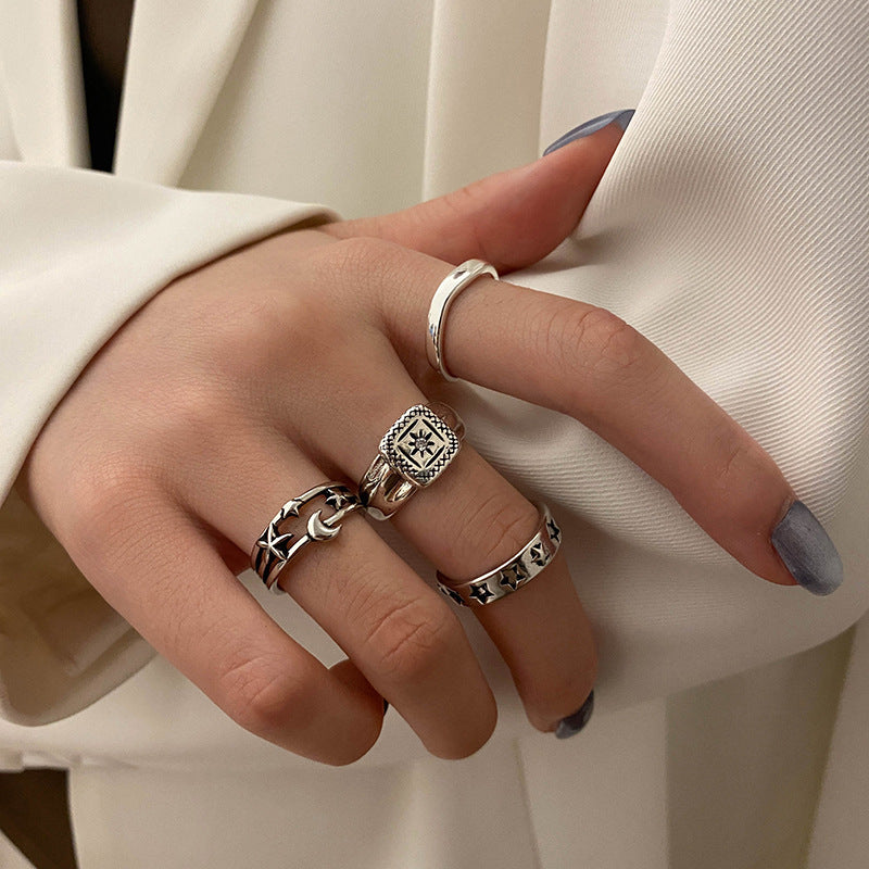 Women Ring Silver Plated Star And Moon Geometric Vintage Celestial Adjustable Jewelry Everyday Statement Piece