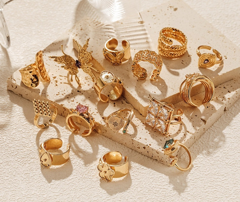 Asymmetric Open Ring Personalized 18K Gold Plated Copper Adjustable Vintage Retroism Geometric Fashion Jewelry