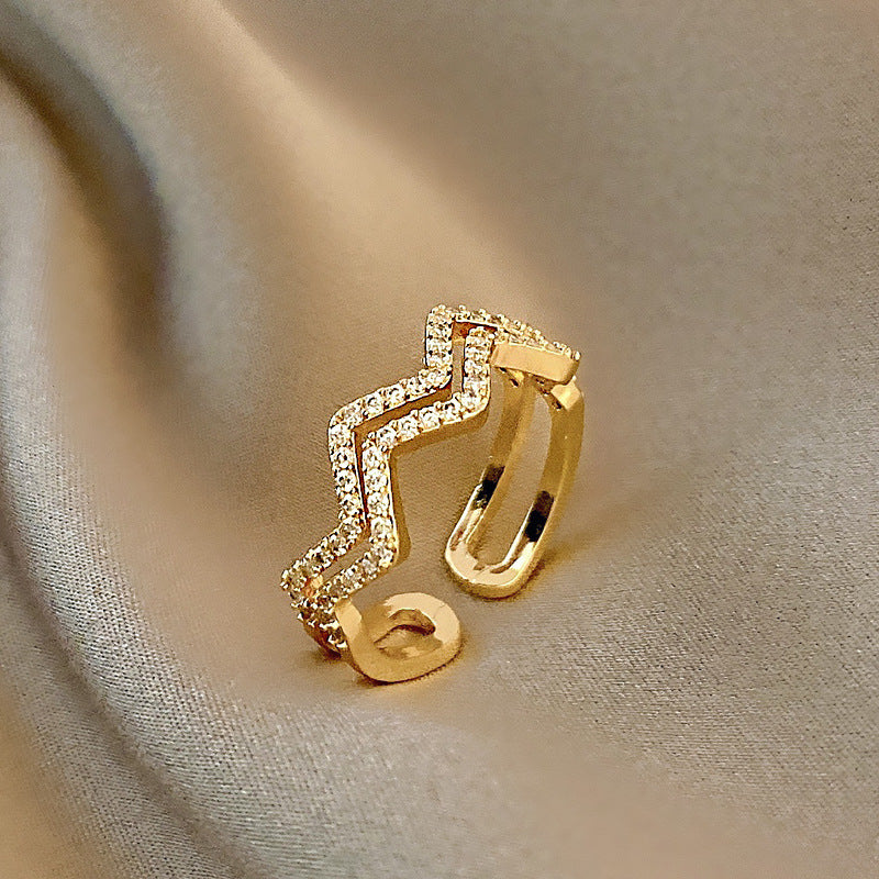 Adjustable Double Layer Wave Ring Gold Copper Curve Design For Women Trendy Korean Inspired Fashion Jewelry Accessory
