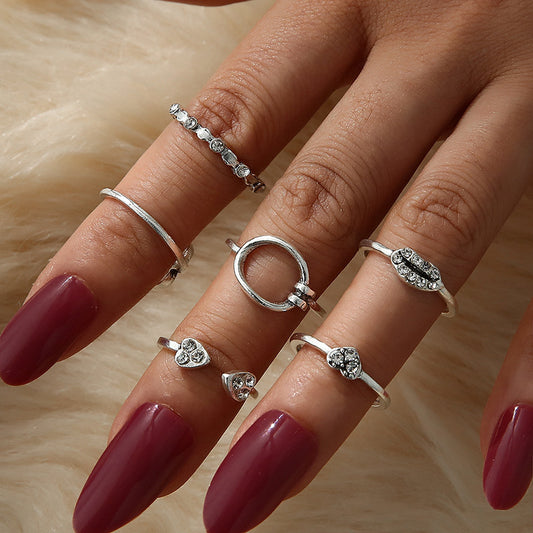 Womens Geometric Retro Ring Set Heart Shaped Alloy Jewelry with Artificial Gems Electroplated Rings Drop Rings