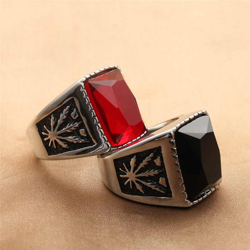 Titanium Steel Leaf Gemstone Retro Stainless Steel Square Ring