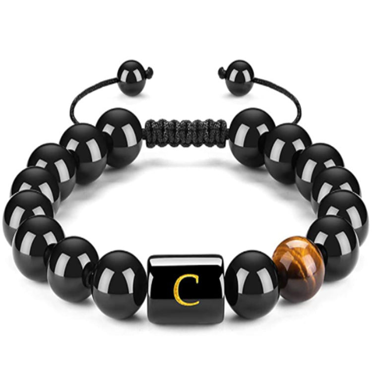 Mens Natural Black Agate 10mm Beads Handmade Initial Letter Bracelet Personalized Gift for Men Letter A Shape Letter