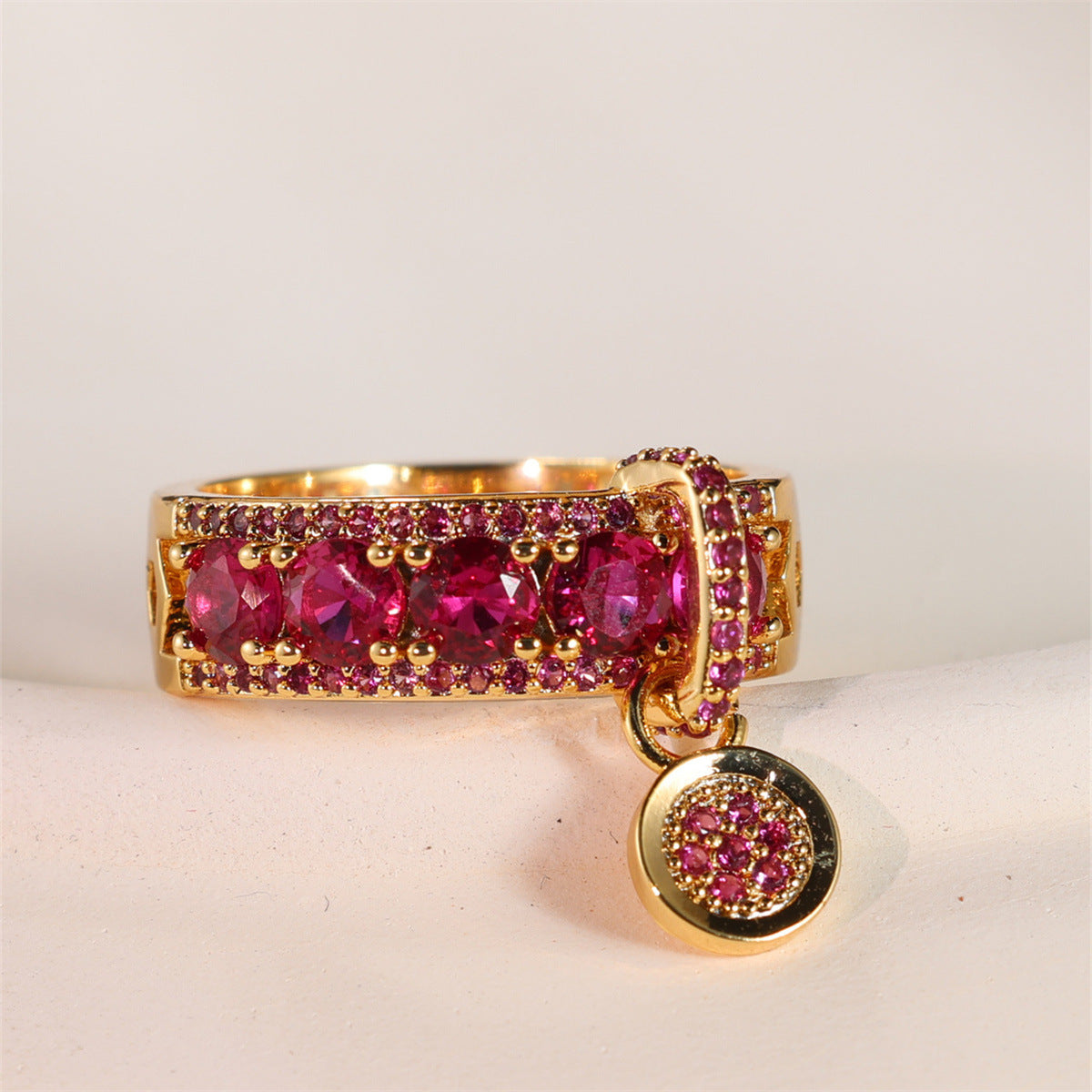 Retro Disc Ring for Women Copper Geometric Band in Gold Sapphire Blue Emerald Pink Diamond Purple Diamond Rose Red