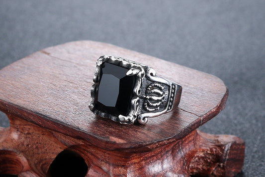 Mens Stainless Steel Ring Vintage Punk Four Prong Black Zircon Fashion Jewelry Band Gift For Men Vintage Style