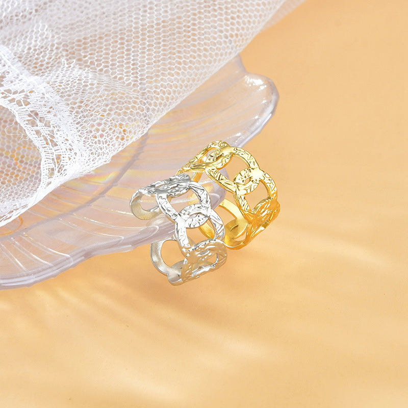 Women Stainless Steel Adjustable Open Ring Geometric Hollow Cross Design Hip Hop Style Ring Neutral Silvertone