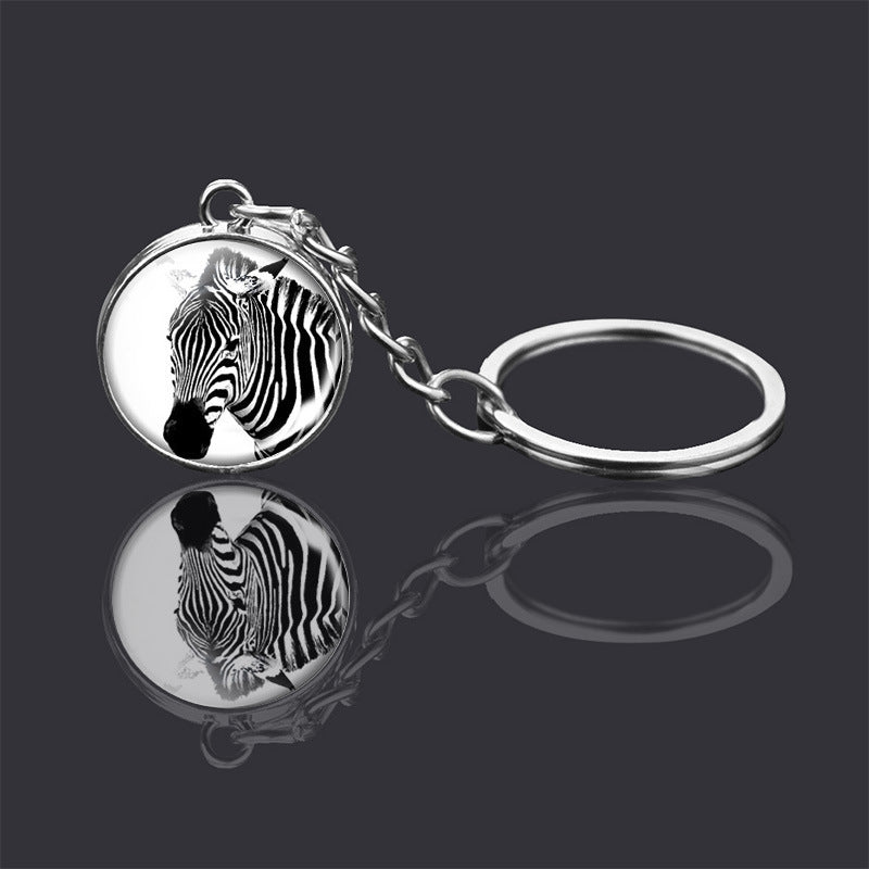 Animal Glass Ball Keychain Double Sided Key Ring With Metal Pendant For Unisex Donkey Rabbit Elephant Fox Bear