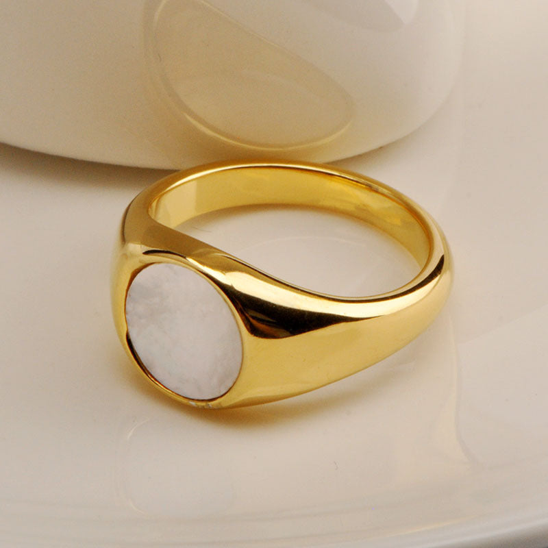 Geometric Titanium Steel Ring with Round White Mother of Pearl Shell for Women Elegant Gold Tone Finish Styles