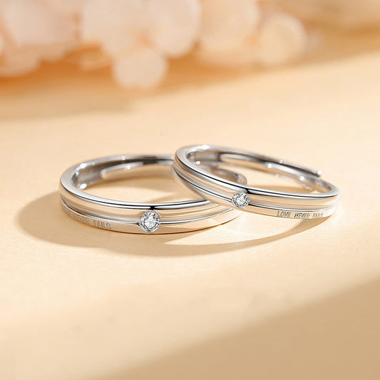 Adjustable Sterling Silver Couple Rings with English Letters Love Rings for Lovers Geometry Open Band Gift Pair