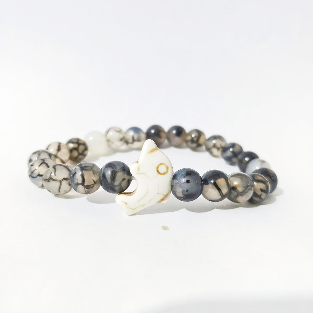 Beaded Bracelet Polished Glass Fashion Jewelry with 8mm Beads and 19cm Chain Black Weathered Agate and Amazon Stone