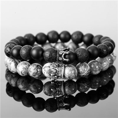 Unisex Agate Bracelet For Couples Natural Stone Bead Bracelets Crown Gold Plated Inlay Gemstone Anti Fatigue Jewelry