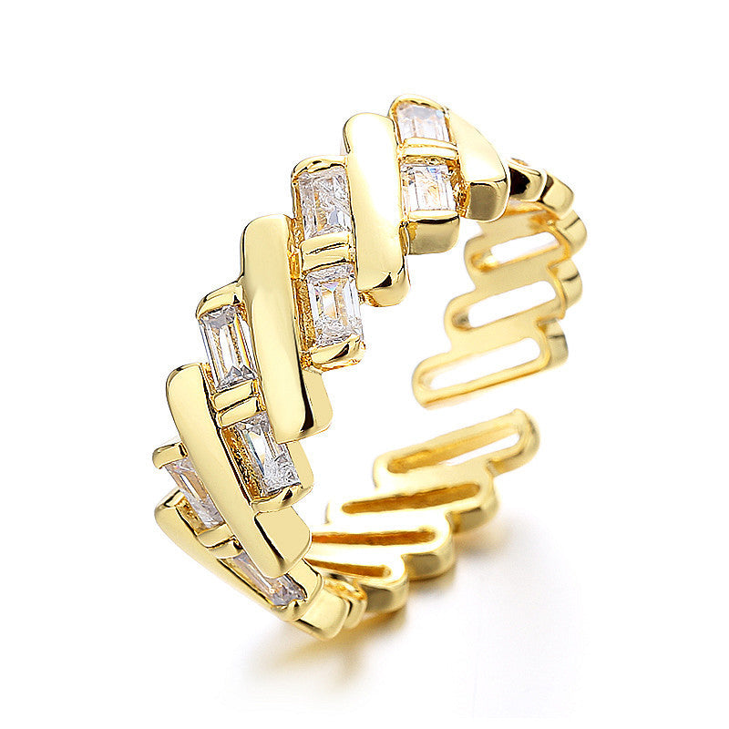 Womens Adjustable Copper Ring Retro Geometric Design Inlaid Zircon Chain Element Gold Tone Finish For Everyday