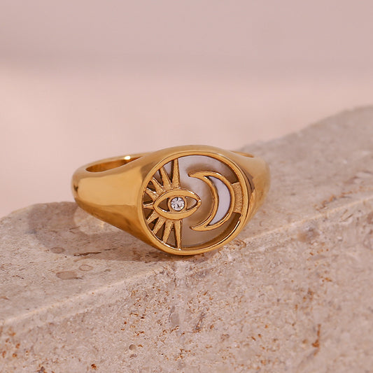 Stainless Steel Gold Plated Sun Moon Eye Geometric Ring For Women Fashion Jewelry Gift Accessory For Everyday Wear
