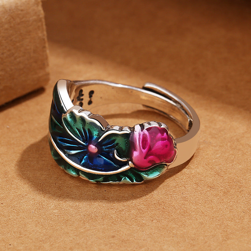 Vintage Thai Silver Cloisonne Lotus Ring Six Words Mantra Ethnic Style Adjustable Copper Flower Jewelry Gifts