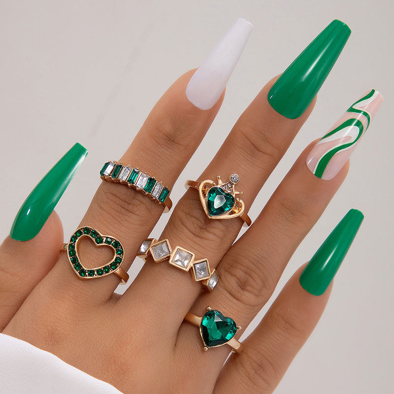 Unisex Alloy Rings Set Electroplated Finish Love Palm Emerald Diamond Ring Set Fashion Jewelry 4 Piece Set Now