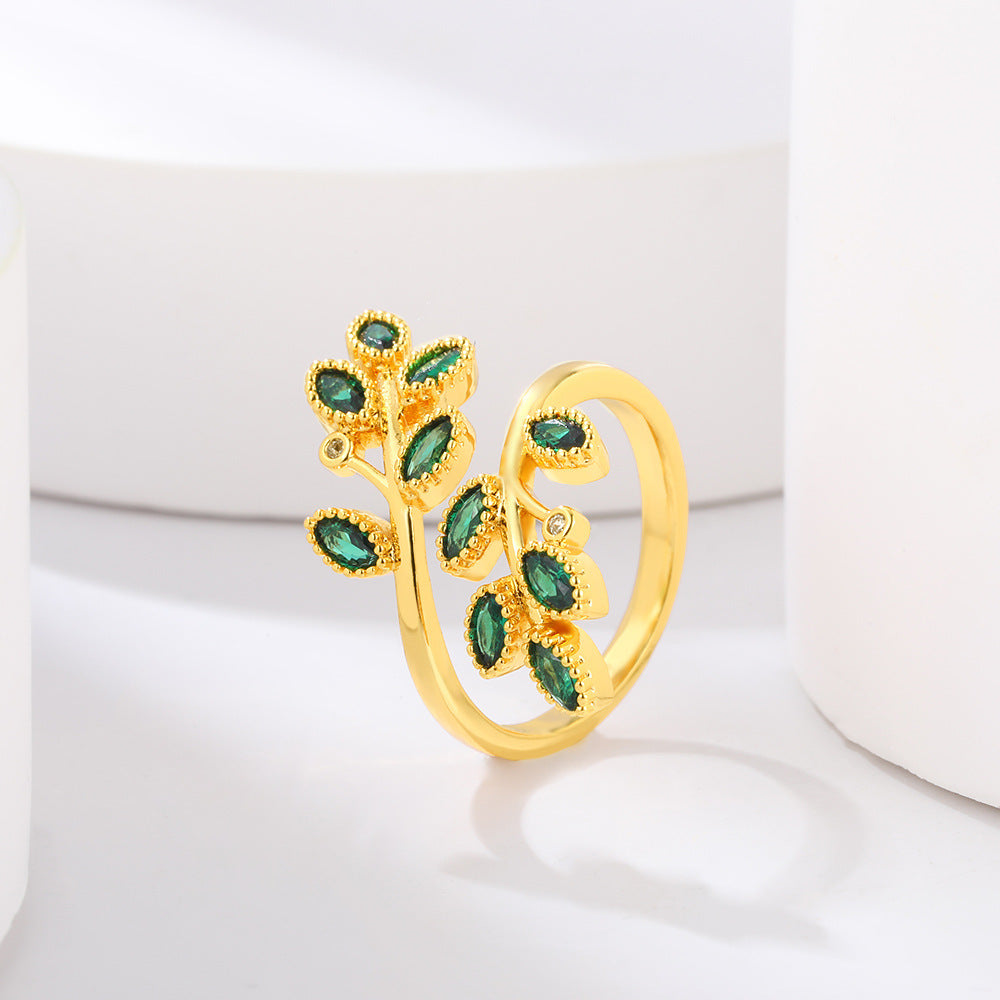 Zircon Leaf Cross Ring For Women Adjustable Switchable Index Finger Gold Plated Ornament With Elegant Sparkles