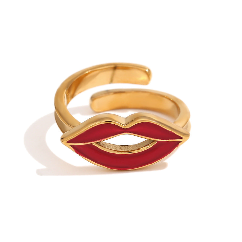 Women's Ring 18K Gold Plated Stainless Steel Lip Dripping Design Opening Band Ring Fashion Jewelry Gift for Her Girls and Women