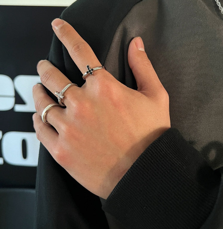 Mens Titanium Steel Ring Cross Crown Roman Numeral Pattern Diamond Zirconia Accent Silver Black Band Vintage Style Ring