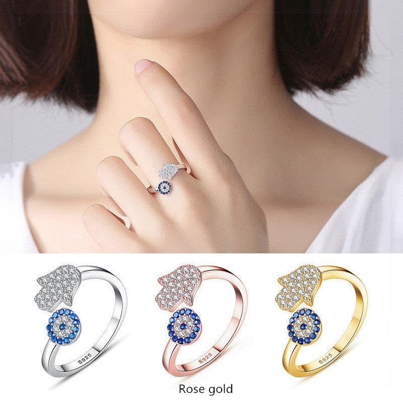 Sterling Silver Demon Eye Ring With Palm Design Adjustable Open Band Zircon Inlay For Women High Quality Rings