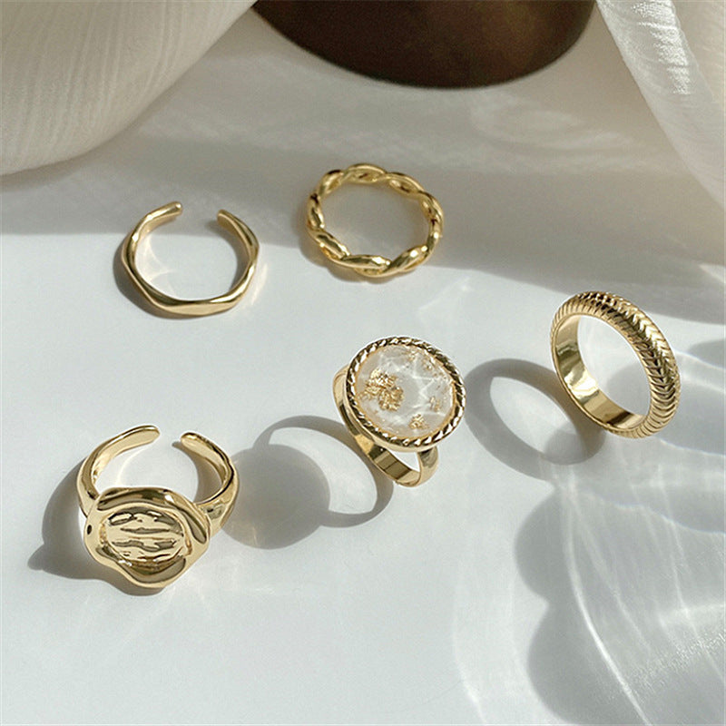 Women Five Pieces Gold Tone Ring Set Geometric Alloy Electroplated Adjustable Durable Versatile Fashion Jewelry Gift