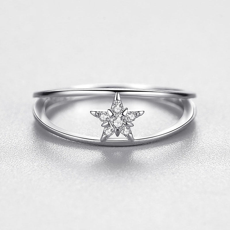 Sterling Silver Star Ring For Women Diamond Cut Inlay Gemstone Korean Style 925 Silver Bright Gem Inlay Finish