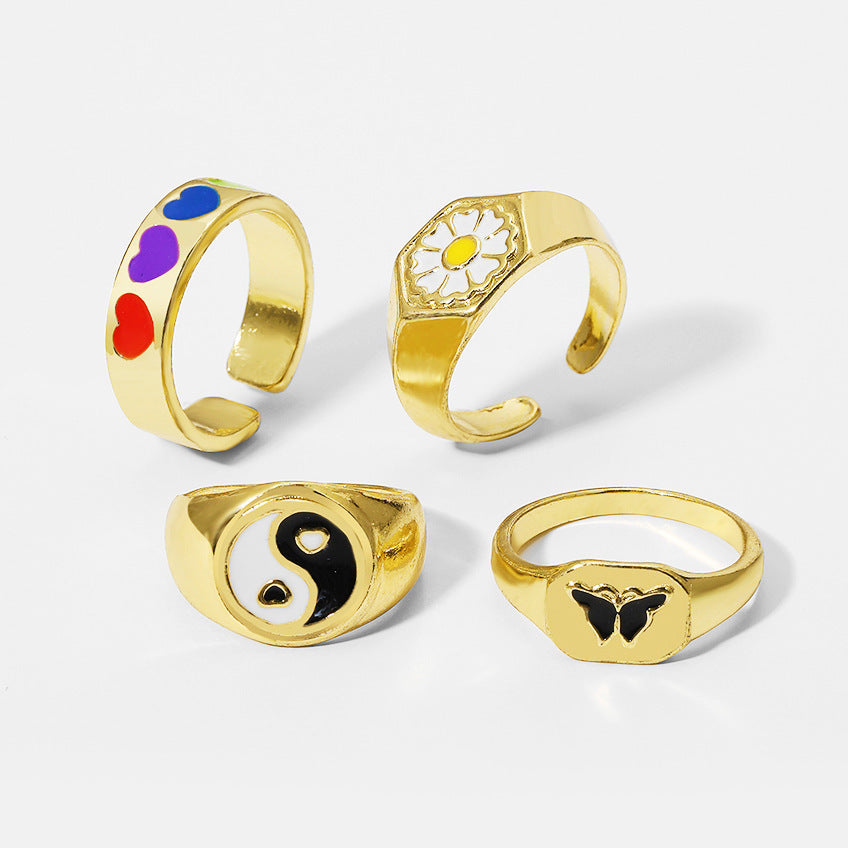 Unisex Peach Heart Ring Set With Rhinestones Dripping Oil Finish Alloy Jewelry For Women And Girls Trendy Accessory