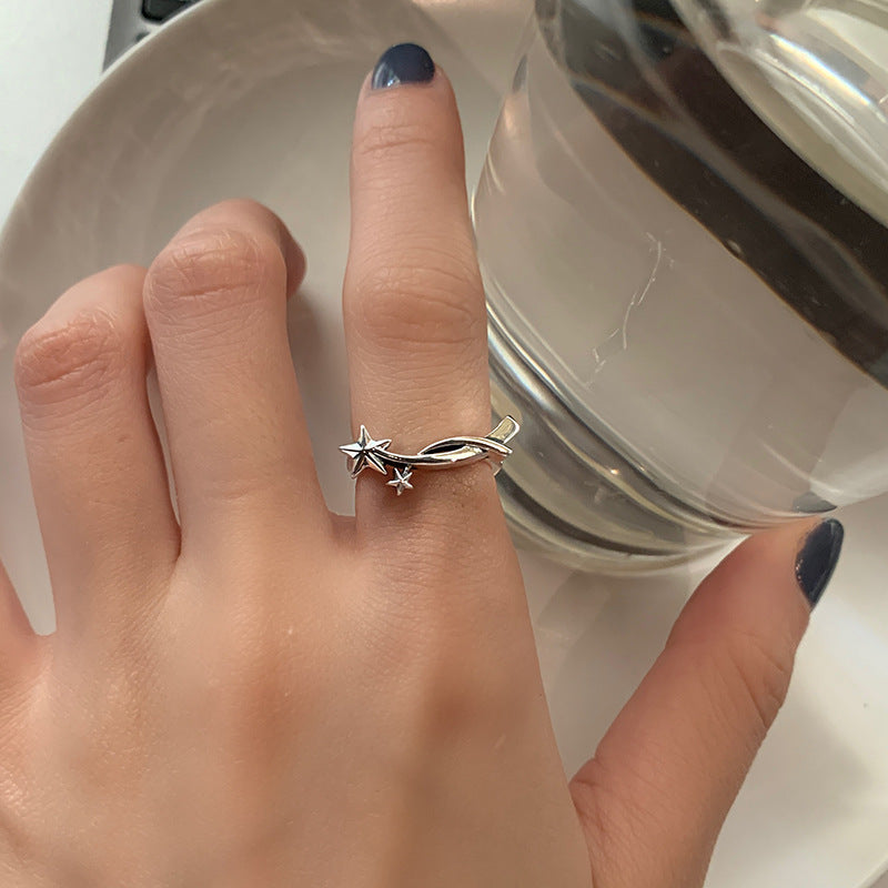 Womens Double Star Ring Adjustable Opening Thai Silver Plated Ring Korean Fashion Jewelry Retro Design Package