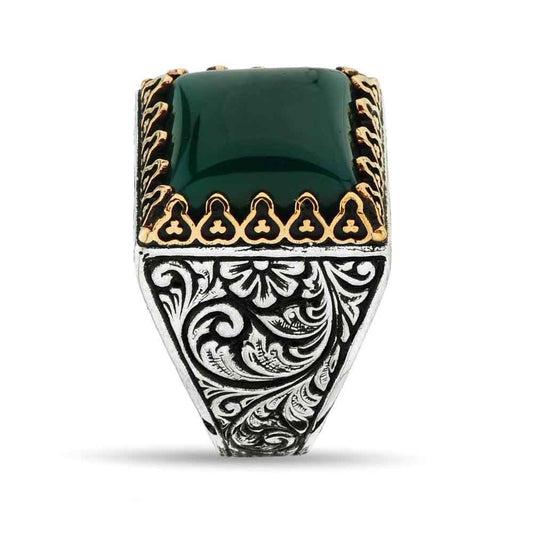 Mens Retro Emerald Ring Engraved Alloy Geometric Design Bold Statement Jewelry For Men Durable Fashion Gift Two Color