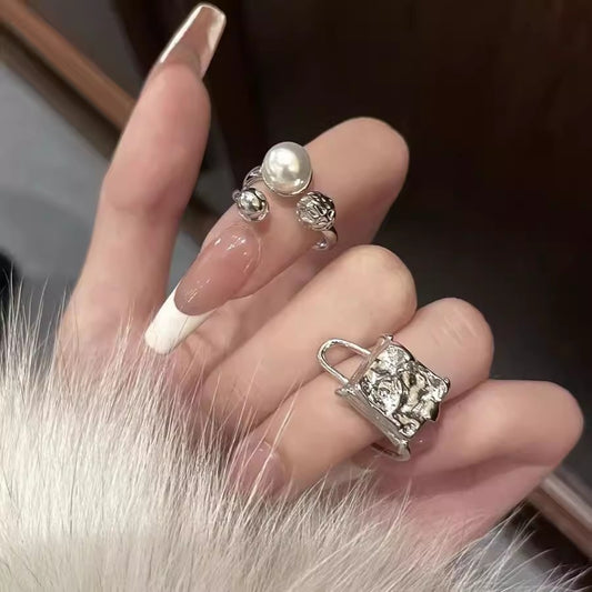 Womens Alloy U Shaped Index Finger Ring With Pearl Bow Design Electroplated Silver Finish Jewelry Trendy Piece