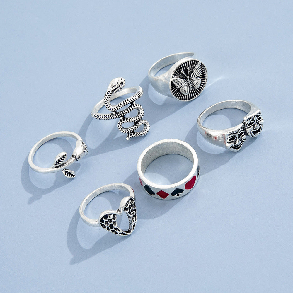Heart Ring Set For Women Alloy Jewelry Dripping Glaze Design 6 Piece Set Fashion Rings Retro Trendy Design Set