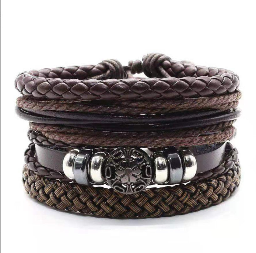 Mens Leather Braided Bracelet European Design Alloy Inlaid Gemstones Retro Geometric Accessory Woven Wristband