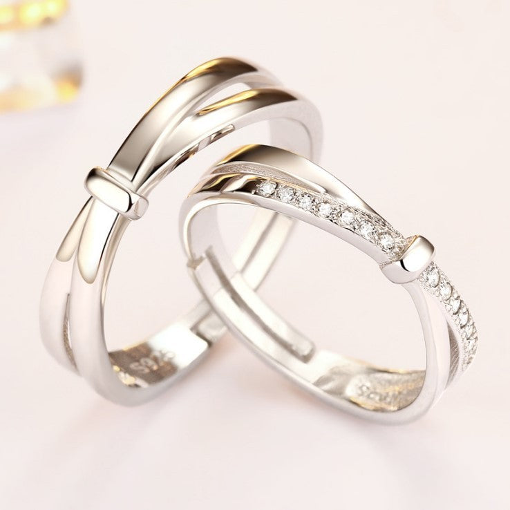 Couple Adjustable Opening Interwoven Ring With Imitation Diamond 925 Silver White Gold Geometric Zircon Zircon