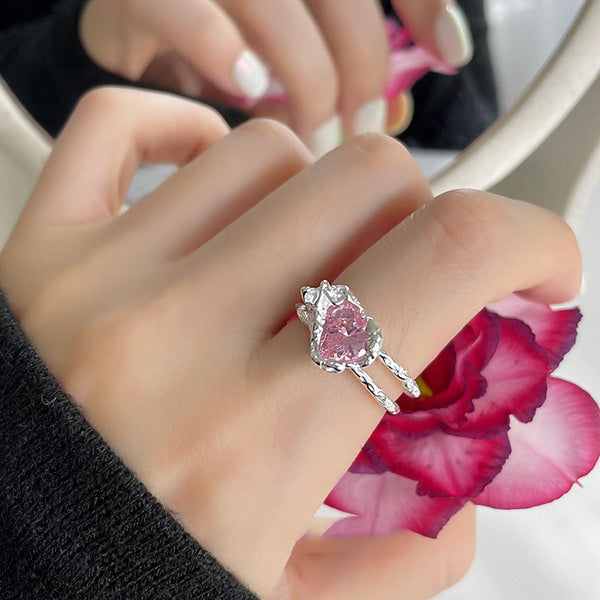 Womens Heart Ring Adjustable Thai Silver Plated Ring With Alloy Inlaid Gems Irregular Design Inner Diameter 1.6cm