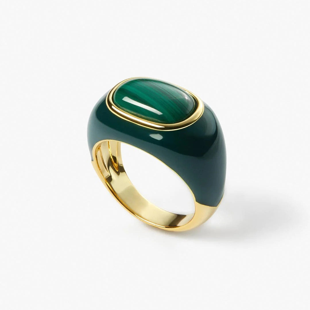 Geometric Ring In 18K Gold Plated Copper With Natural Malachite Inlay And White Shell Inlay For Women Timeless