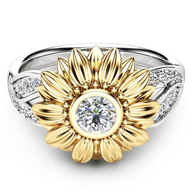 Gold Plated Sunflower Couple Ring For Women With Gems